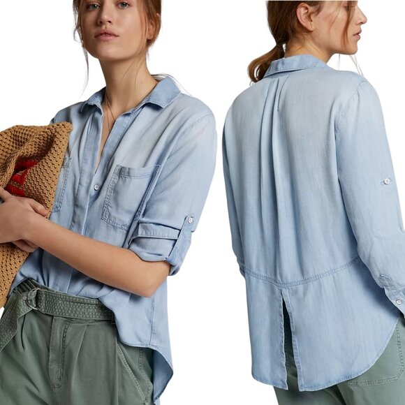 Anthropologie Cloth & Stone Blue Chambray Buttondown Shirt Sz M Lagenlook - Picture 1 of 13